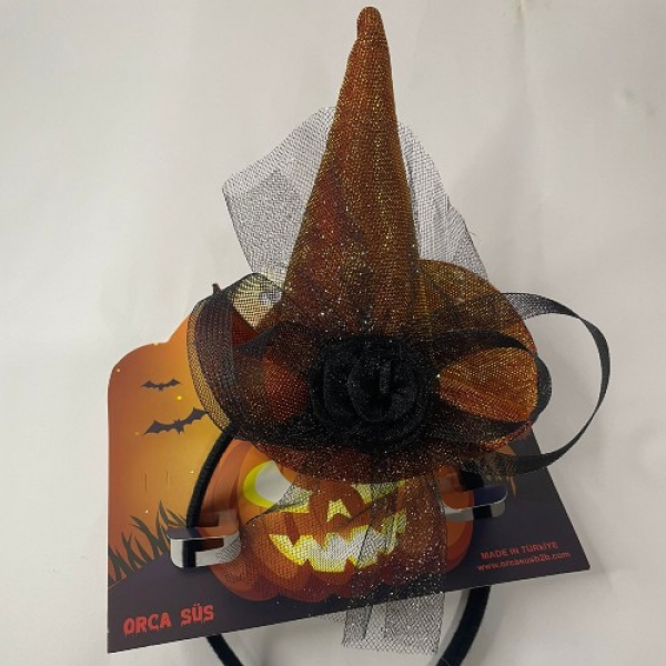 Halloween Mini Cadı Şapkalı Turuncu Taş Parlak Tüllü